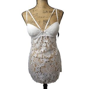 White Lace Lingerie Babydoll S Sheer Nightgown Strappy Rhinestone Bow Detail NEW